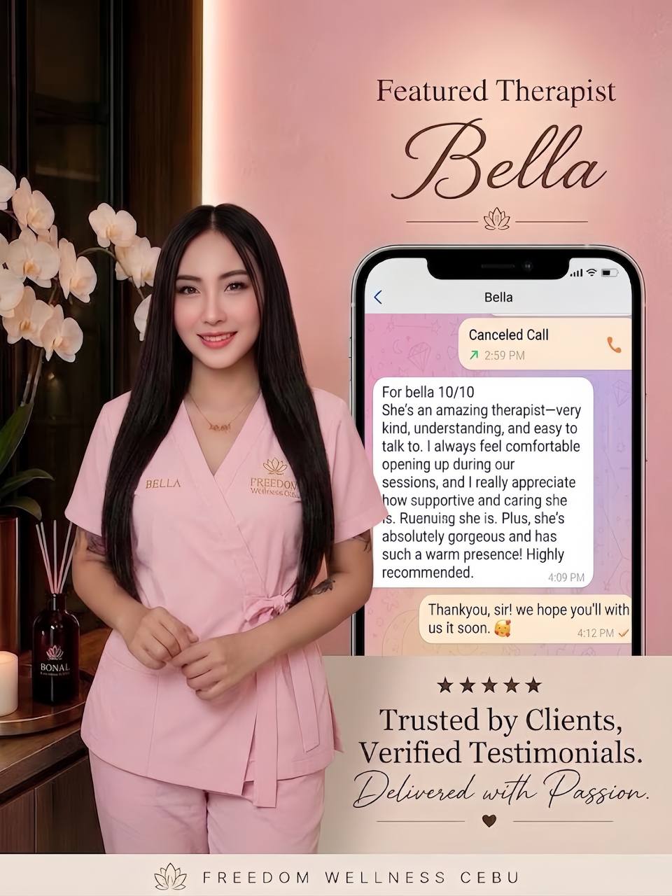 Bella — Freedom Wellness Cebu therapist, with client reviews